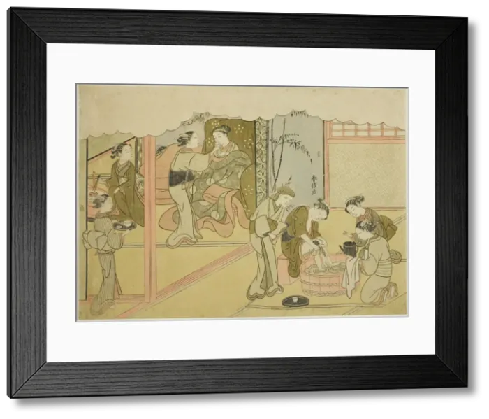 Framed Print : The First Childbirth (Uizan), the seventh sheet of the series Marriage in Brocade... c. 1769. Creator: Suzuki Harunobu Framed Print : The First Childbirth (Uizan), the seventh sheet of the series Marriage in Brocade... c. 1769. Creator: Suzuki Harunobu