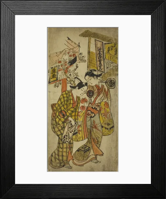 Framed Print : The Actors Sanjo Kantaro II as Osome and Ichikawa Monnosuke as Hisamatsu in the play... c. 1720. Creator: Okumura Masanobu Framed Print : The Actors Sanjo Kantaro II as Osome and Ichikawa Monnosuke as Hisamatsu in the play... c. 1720. Creator: Okumura Masanobu