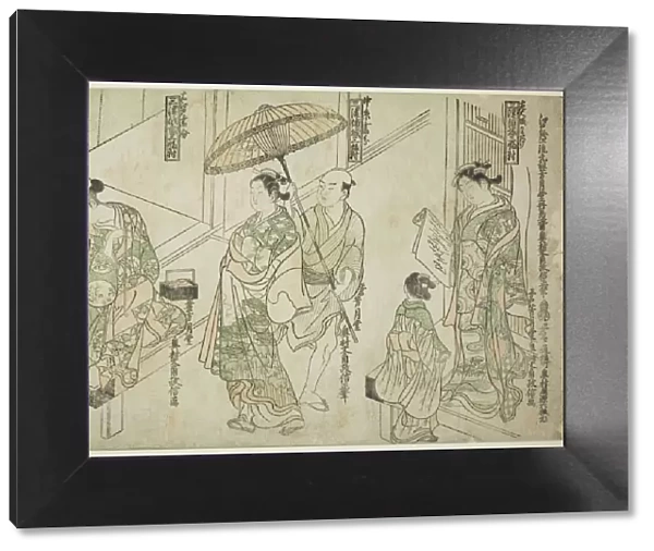 Courtesans Drawn in Osaka style (right), Kyoto style (center), and Edo style (left)... c. 1748. Creator: Okumura Masanobu