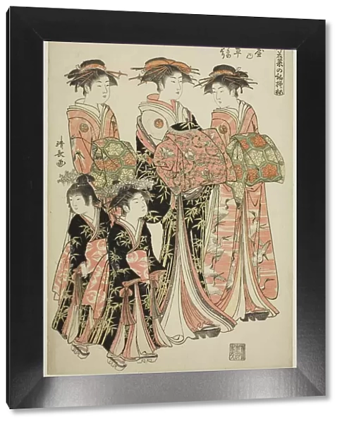 The Courtesan Wakakusa of the Chojiya with Her Attendants Asano and Midori, from the... 1783  /  84. Creator: Torii Kiyonaga