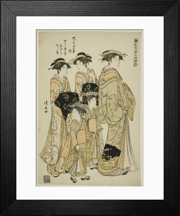 Framed Print : The Courtesan Maizumi of the Daimonjiya with Her Attendants Shigeki and Naname, from the s... 1782. Creator: Torii Kiyonaga Framed Print : The Courtesan Maizumi of the Daimonjiya with Her Attendants Shigeki and Naname, from the s... 1782. Creator: Torii Kiyonaga