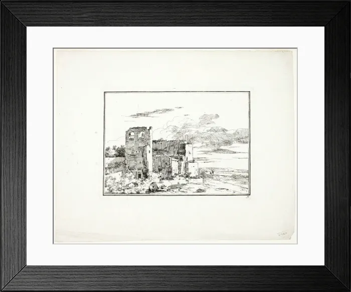 Framed Print : Ruined Buildings near a River Bank, plate 9 from Quatrieme suite de paysages dessines e... c. 1779. Creator: Louis Gabriel Moreau Framed Print : Ruined Buildings near a River Bank, plate 9 from Quatrieme suite de paysages dessines e... c. 1779. Creator: Louis Gabriel Moreau