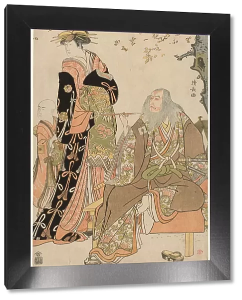 The Actors Ichikawa Danjuro V as Hige no Ikyu, Nakamura Riko as Agemaki, and Ichikawa Ebiz... 1784. Creator: Torii Kiyonaga