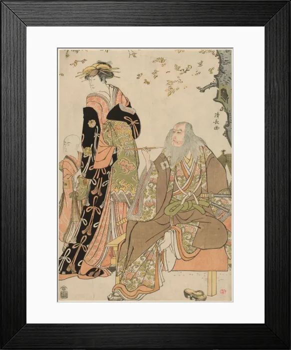 Framed Print : The Actors Ichikawa Danjuro V as Hige no Ikyu, Nakamura Riko as Agemaki, and Ichikawa Ebiz... 1784. Creator: Torii Kiyonaga Framed Print : The Actors Ichikawa Danjuro V as Hige no Ikyu, Nakamura Riko as Agemaki, and Ichikawa Ebiz... 1784. Creator: Torii Kiyonaga