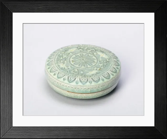 Framed Print : Covered Cosmetic Box wih Petalled Rosette, Flying Cranes, Stylized Clouds, and Layered... 13th cent Creator: Unknown Framed Print : Covered Cosmetic Box wih Petalled Rosette, Flying Cranes, Stylized Clouds, and Layered... 13th cent Creator: Unknown