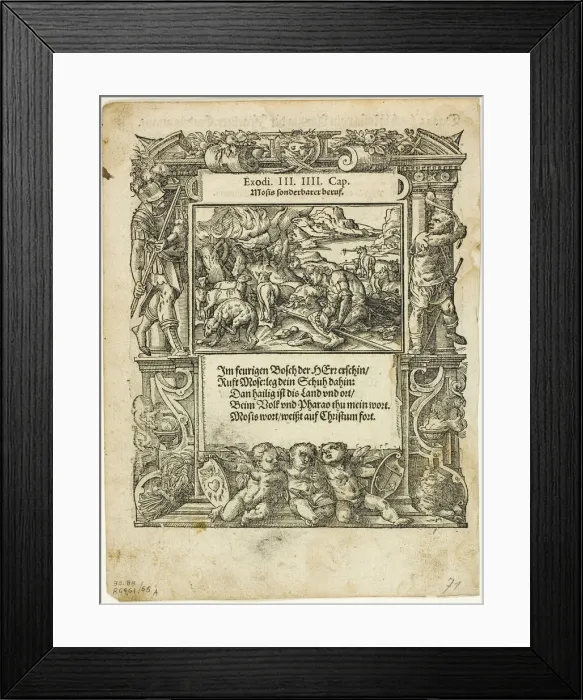 Framed Print : Moses and the Burning Bush (recto) and The Infant Moses Put into the River (verso)... 1937. Creators: Tobias Stimmer, Max Geisberg Framed Print : Moses and the Burning Bush (recto) and The Infant Moses Put into the River (verso)... 1937. Creators: Tobias Stimmer, Max Geisberg