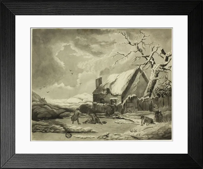 Framed Print : Winter Scene with People Outside a Cottage Near a Pond, n. d. Creator: Unknown Framed Print : Winter Scene with People Outside a Cottage Near a Pond, n. d. Creator: Unknown