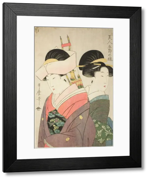 Framed Print : Beauty and Attendant on New Years Day, from the series Pleasures for Beauties on the... c. 1800. Creator: Kitagawa Utamaro Framed Print : Beauty and Attendant on New Years Day, from the series Pleasures for Beauties on the... c. 1800. Creator: Kitagawa Utamaro