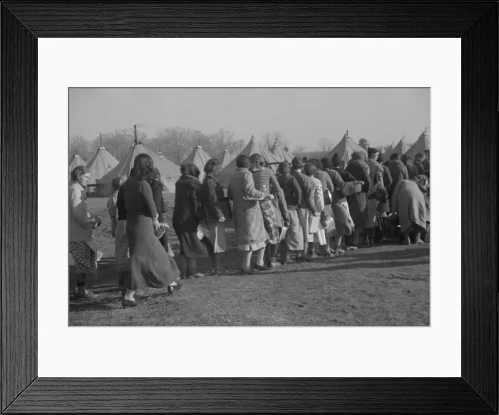 Framed Print : Refugees lined up at meal time in the camp for white flood refugees in Forest City, Arkansas, 1937. Creator: Walker Evans Framed Print : Refugees lined up at meal time in the camp for white flood refugees in Forest City, Arkansas, 1937. Creator: Walker Evans