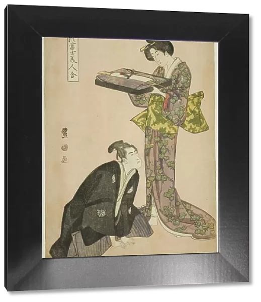 Kneeling actor and standing beauty holding a tray of clothes, from the series 'Fuji in Sum... 1801. Creator: Utagawa Toyokuni I