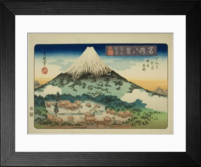 Framed Print : Evening Snow on Mount Fuji, Complete View of the Inner and Middle Shrines at Shimo... c. 1833  /  34. Creator: Utagawa Toyokuni II