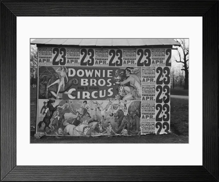 Framed Print : Posters covering a building near Lynchburg to advertise a Downie Bros. circus, 1936. Creator: Walker Evans Framed Print : Posters covering a building near Lynchburg to advertise a Downie Bros. circus, 1936. Creator: Walker Evans
