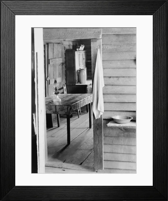 Framed Print : Washstand in the dog run and kitchen of Floyd Burroughs cabin, Hale County, Alabama, 1936. Creator: Walker Evans Framed Print : Washstand in the dog run and kitchen of Floyd Burroughs cabin, Hale County, Alabama, 1936. Creator: Walker Evans