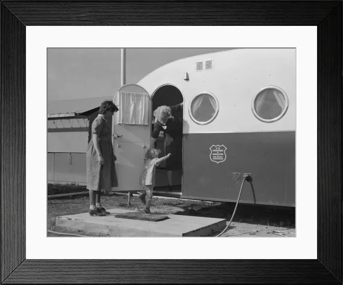 Framed Print : Young mother brings her child to the trailer clinic... FSA, Merrill, Klamath County, Oregon, 1939. Creator: Dorothea Lange Framed Print : Young mother brings her child to the trailer clinic... FSA, Merrill, Klamath County, Oregon, 1939. Creator: Dorothea Lange