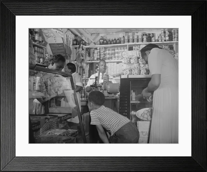 Framed Print : Grocery store owned by Mr. J. Benjamin, on Saturday afternoon, Washington, D. C. 1942. Creator: Gordon Parks Framed Print : Grocery store owned by Mr. J. Benjamin, on Saturday afternoon, Washington, D. C. 1942. Creator: Gordon Parks