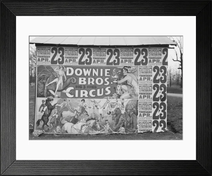 Framed Print : Posters covering a building near Lynchburg to advertise a Downie Bros. circus, 1936. Creator: Walker Evans Framed Print : Posters covering a building near Lynchburg to advertise a Downie Bros. circus, 1936. Creator: Walker Evans