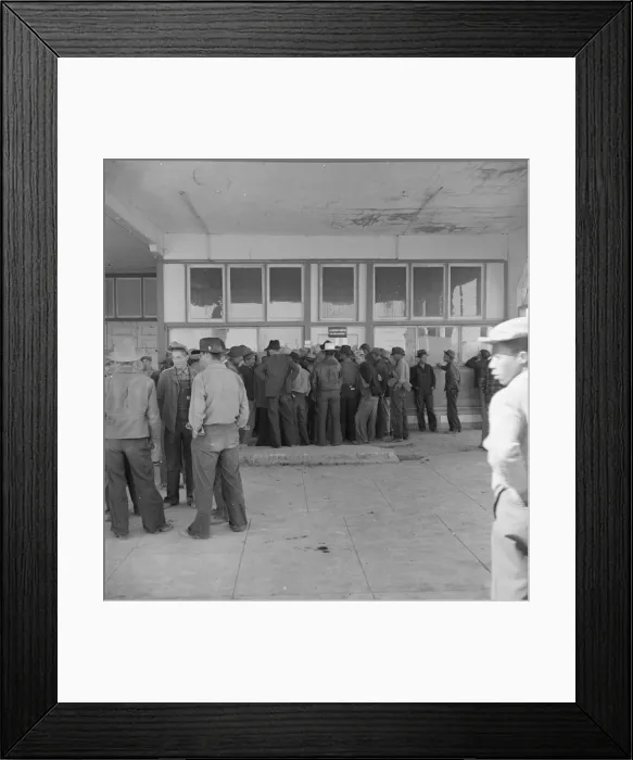 Framed Print : Outside FSA grant office during the pea harvest, Calipatria, California, 1939. Creator: Dorothea Lange Framed Print : Outside FSA grant office during the pea harvest, Calipatria, California, 1939. Creator: Dorothea Lange