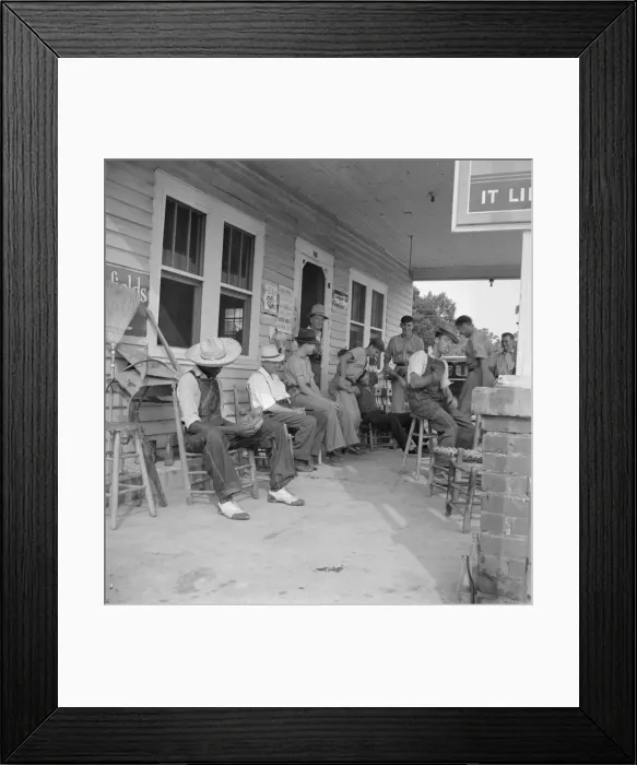Framed Print : Rural filling station becomes community center... for loafing, near Chapel Hill, North Carolina, 1939 Creator: Dorothea Lange Framed Print : Rural filling station becomes community center... for loafing, near Chapel Hill, North Carolina, 1939 Creator: Dorothea Lange