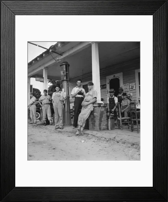 Framed Print : Rural filling stations become community centers, near Chapel Hill, North Carolina, 1939. Creator: Dorothea Lange Framed Print : Rural filling stations become community centers, near Chapel Hill, North Carolina, 1939. Creator: Dorothea Lange