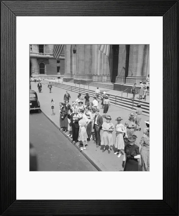 Framed Print : Fifth Avenue at Saint Patricks Cathedral, waiting for an uptown bus, New York City, 1939. Creator: Dorothea Lange Framed Print : Fifth Avenue at Saint Patricks Cathedral, waiting for an uptown bus, New York City, 1939. Creator: Dorothea Lange