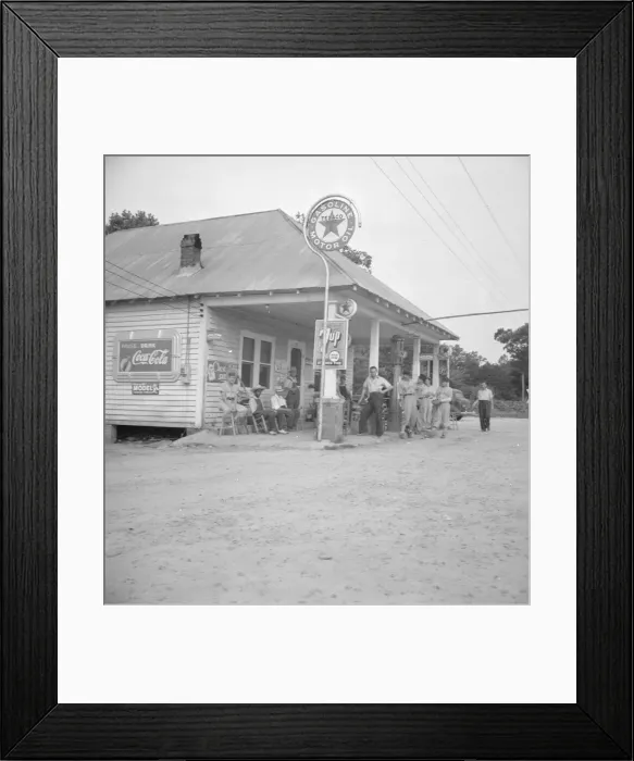 Framed Print : Rural filling station becomes community... 4 July, near Chapel Hill, North Carolina, 1939 Creator: Dorothea Lange Framed Print : Rural filling station becomes community... 4 July, near Chapel Hill, North Carolina, 1939 Creator: Dorothea Lange