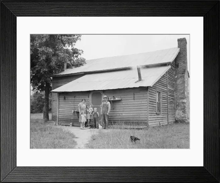 Framed Print : Tobacco sharecroppers and family at back of their house, Person County, North Carolina, 1939. Creator: Dorothea Lange Framed Print : Tobacco sharecroppers and family at back of their house, Person County, North Carolina, 1939. Creator: Dorothea Lange
