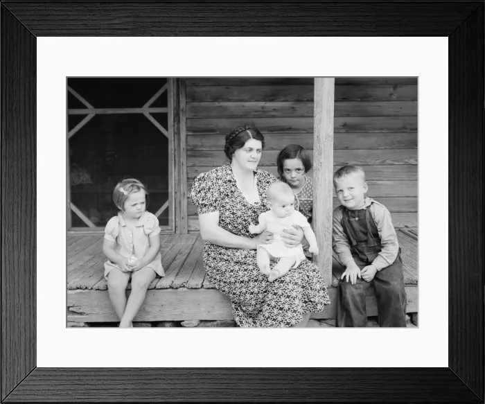 Framed Print : Wife and children of tobacco sharecropper on front porch, Person County, North Carolina, 1939. Creator: Dorothea Lange Framed Print : Wife and children of tobacco sharecropper on front porch, Person County, North Carolina, 1939. Creator: Dorothea Lange