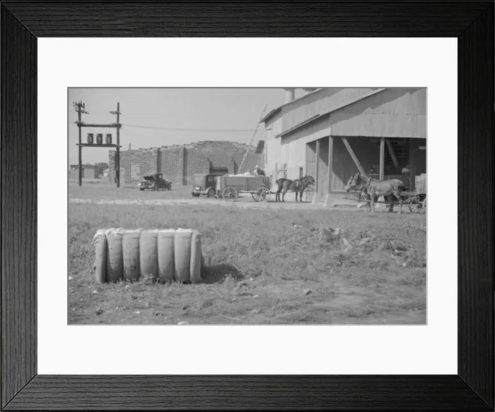 Framed Print : At the cotton gin, Cotton gin and wagons, Hale County, Alabama, 1936. Creator: Walker Evans Framed Print : At the cotton gin, Cotton gin and wagons, Hale County, Alabama, 1936. Creator: Walker Evans