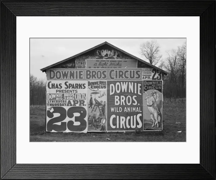 Framed Print : Posters covering a building near Lynchburg to advertise a Downie Bros. circus, 1936. Creator: Walker Evans Framed Print : Posters covering a building near Lynchburg to advertise a Downie Bros. circus, 1936. Creator: Walker Evans