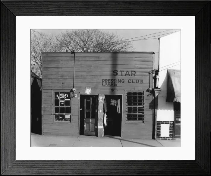 Framed Print : Negro shop, Shop fronts, laundry and barber shop, Vicksburg, Mississippi, 1936. Creator: Walker Evans Framed Print : Negro shop, Shop fronts, laundry and barber shop, Vicksburg, Mississippi, 1936. Creator: Walker Evans