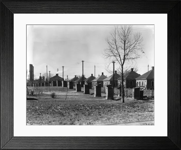 Framed Print : Steelmill workers company houses and outhouses, Republic Steel Company, Birmingham, Alabama, 1936. Creator: Walker Evans Framed Print : Steelmill workers company houses and outhouses, Republic Steel Company, Birmingham, Alabama, 1936. Creator: Walker Evans
