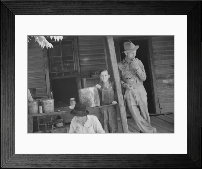 Framed Print : Bud Fields, Tengle boy, and Floyd Burroughs on Frank Tengles porch, Hale County, Alabama, 1936. Creator: Walker Evans Framed Print : Bud Fields, Tengle boy, and Floyd Burroughs on Frank Tengles porch, Hale County, Alabama, 1936. Creator: Walker Evans