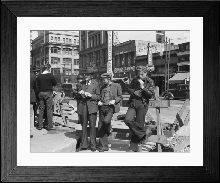 Framed Print : Unemployed young men pause a moment... Salvation Army, San Francisco, California, 1939. Creator: Dorothea Lange Framed Print : Unemployed young men pause a moment... Salvation Army, San Francisco, California, 1939. Creator: Dorothea Lange