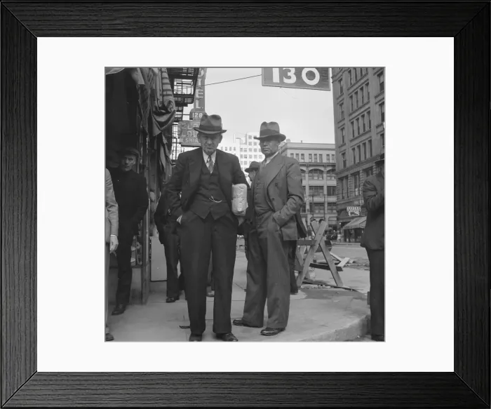 Framed Print : Men pause a moment to watch, and then pass on, Salvation Army, San Francisco, California, 1939. Creator: Dorothea Lange Framed Print : Men pause a moment to watch, and then pass on, Salvation Army, San Francisco, California, 1939. Creator: Dorothea Lange