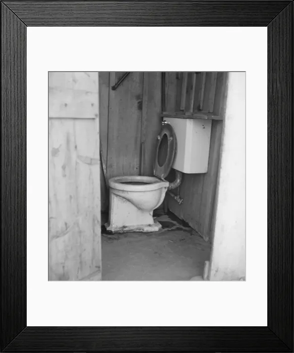Framed Print : Toilet for ten cabins, men, women... in auto camp... Greenfield, Salinas Valley, CA, 1939. Creator: Dorothea Lange Framed Print : Toilet for ten cabins, men, women... in auto camp... Greenfield, Salinas Valley, CA, 1939. Creator: Dorothea Lange