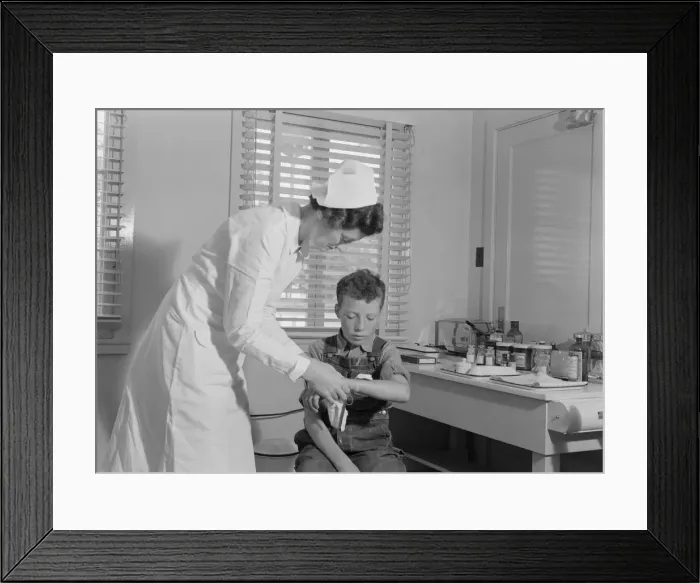 Framed Print : Migratory boys come to the clinic for attention, FSA camp at Farmersville, Tulare County, 1939. Creator: Dorothea Lange Framed Print : Migratory boys come to the clinic for attention, FSA camp at Farmersville, Tulare County, 1939. Creator: Dorothea Lange