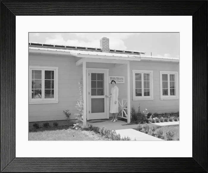 Framed Print : Resident nurse and clinic building, FSA camp, Tulare County, California, 1939. Creator: Dorothea Lange Framed Print : Resident nurse and clinic building, FSA camp, Tulare County, California, 1939. Creator: Dorothea Lange