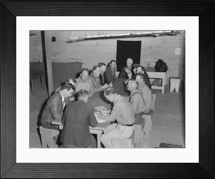Framed Print : Meeting of the camp council, FSA camp, Farmersville, California, 1939. Creator: Dorothea Lange Framed Print : Meeting of the camp council, FSA camp, Farmersville, California, 1939. Creator: Dorothea Lange