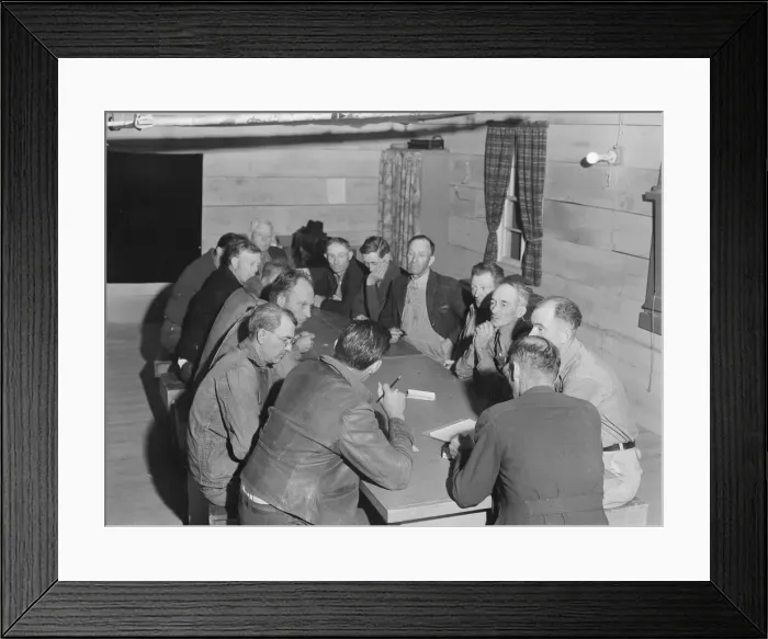 Framed Print : Meeting of the camp council, FSA camp, Farmersville, California, 1939. Creator: Dorothea Lange Framed Print : Meeting of the camp council, FSA camp, Farmersville, California, 1939. Creator: Dorothea Lange