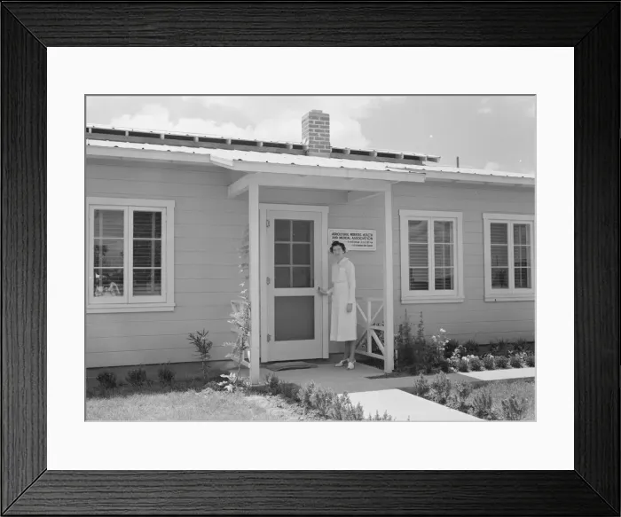 Framed Print : Resident nurse and clinic, FSA camp, Farmersville, Tulare County, California, 1939. Creator: Dorothea Lange Framed Print : Resident nurse and clinic, FSA camp, Farmersville, Tulare County, California, 1939. Creator: Dorothea Lange