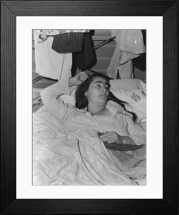 Framed Print : Sick woman in FSA camp for migratory agricultural workers, Tulare County, California, 1939. Creator: Dorothea Lange Framed Print : Sick woman in FSA camp for migratory agricultural workers, Tulare County, California, 1939. Creator: Dorothea Lange