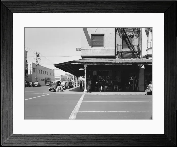 Framed Print : Secondhand store, street corner of San Joaquin Valley town on U. S. 99, Fresno, CA, 1939. Creator: Dorothea Lange Framed Print : Secondhand store, street corner of San Joaquin Valley town on U. S. 99, Fresno, CA, 1939. Creator: Dorothea Lange