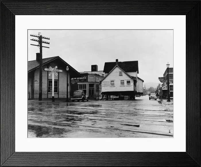Framed Print : House being moved through the main street of town... Cottage Grove, Lane County, Oregon, 1939. Creator: Dorothea Lange Framed Print : House being moved through the main street of town... Cottage Grove, Lane County, Oregon, 1939. Creator: Dorothea Lange