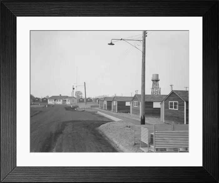 Framed Print : Looking down one street in newly completed FSA camp, near McMinnville, Yamhill County, Oregon, 1939. Creator: Dorothea Lange Framed Print : Looking down one street in newly completed FSA camp, near McMinnville, Yamhill County, Oregon, 1939. Creator: Dorothea Lange