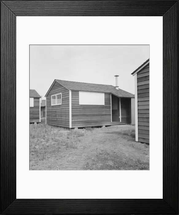 Framed Print : Shows new type of wooden shelter for migratory workers, FSA camp, near McMinnville, Oregon, 1939. Creator: Dorothea Lange Framed Print : Shows new type of wooden shelter for migratory workers, FSA camp, near McMinnville, Oregon, 1939. Creator: Dorothea Lange