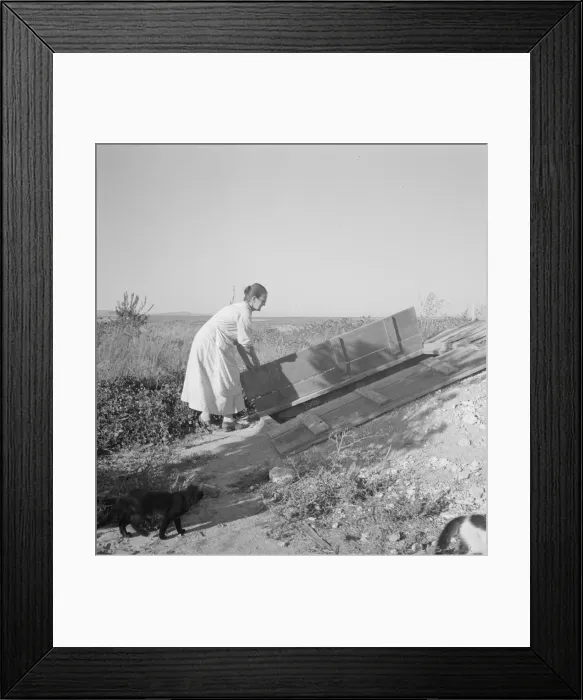 Framed Print : Mrs. Hull closing up the cellar which she has well-filled, Dead Ox Flat, Oregon, 1939. Creator: Dorothea Lange Framed Print : Mrs. Hull closing up the cellar which she has well-filled, Dead Ox Flat, Oregon, 1939. Creator: Dorothea Lange
