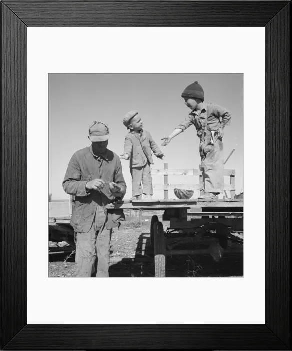 Framed Print : Franklin Schroeder and his older boys in the yard, Dead Ox Flat, Malheur County, Oregon, 1939. Creator: Dorothea Lange Framed Print : Franklin Schroeder and his older boys in the yard, Dead Ox Flat, Malheur County, Oregon, 1939. Creator: Dorothea Lange