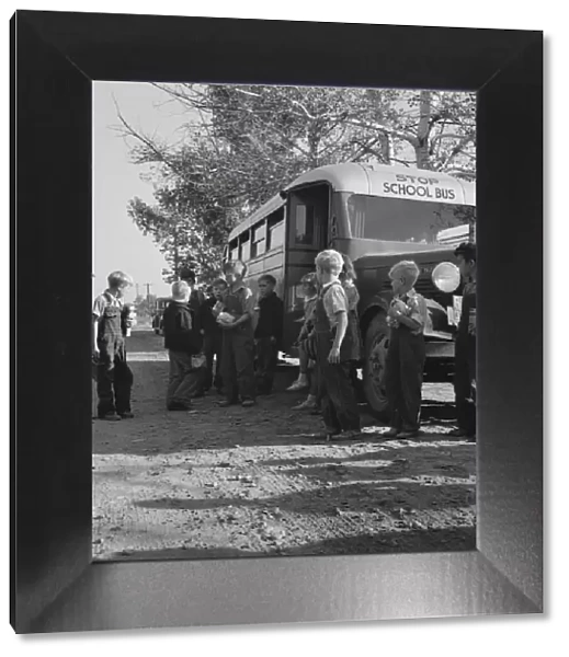 The children from Dead Ox Flat get off bus at school yard, Ontario, Oregon, 1939. Creator: Dorothea Lange