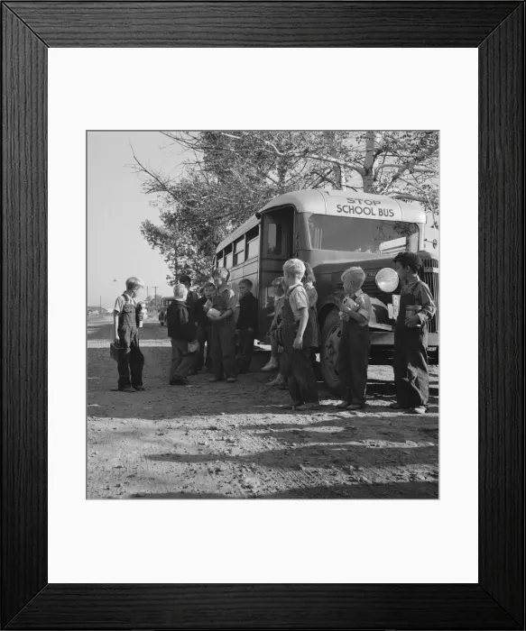 Framed Print : The children from Dead Ox Flat get off bus at school yard, Ontario, Oregon, 1939. Creator: Dorothea Lange Framed Print : The children from Dead Ox Flat get off bus at school yard, Ontario, Oregon, 1939. Creator: Dorothea Lange