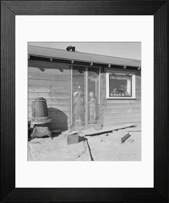 Framed Print : Two of the seven Browning children in doorway of their Oregon home, Dead Ox Flat, Oregon, 1939. Creator: Dorothea Lange Framed Print : Two of the seven Browning children in doorway of their Oregon home, Dead Ox Flat, Oregon, 1939. Creator: Dorothea Lange